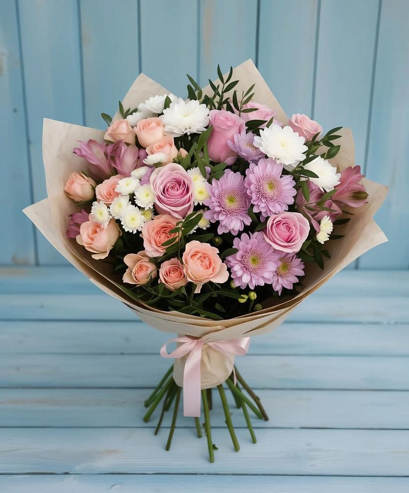 Букет цветов из: Хризантемы, Розы и Альстромерии в Новоминской