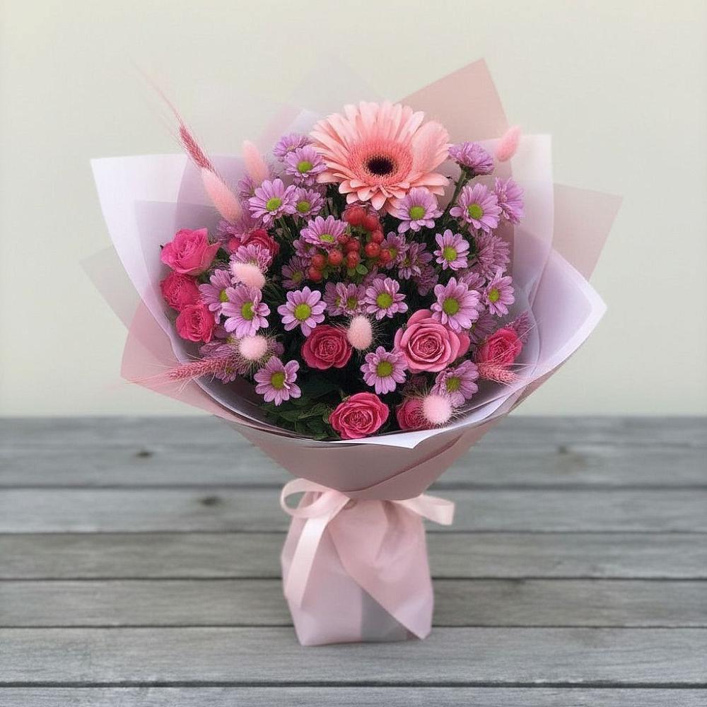 Букет цветов из: Розы, Герберы и Хризантемы в Новоминской