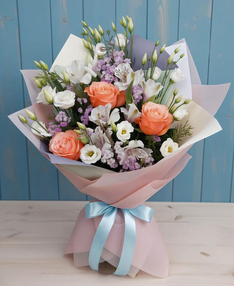 Букет цветов из: Лизиантусы, Розы, Альстромерии и Гипсофила в Новоминской