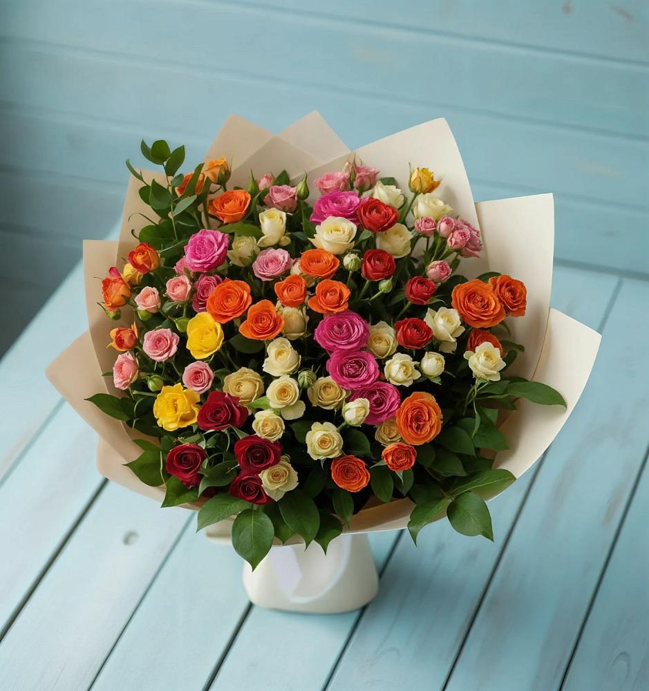 Букет Микс из разноцветных кустовых роз в Новоминской