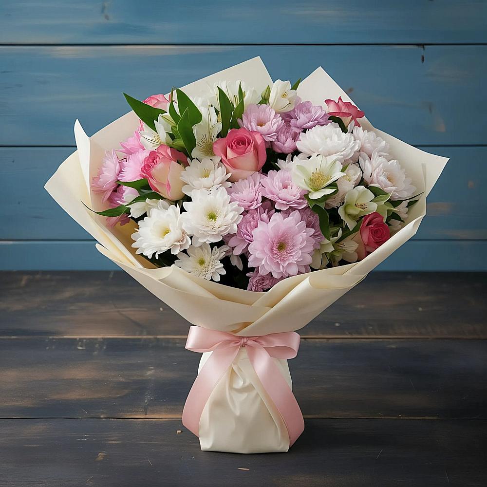 Букет цветов из: Хризантемы, Альстромерии и Розы в Новоминской